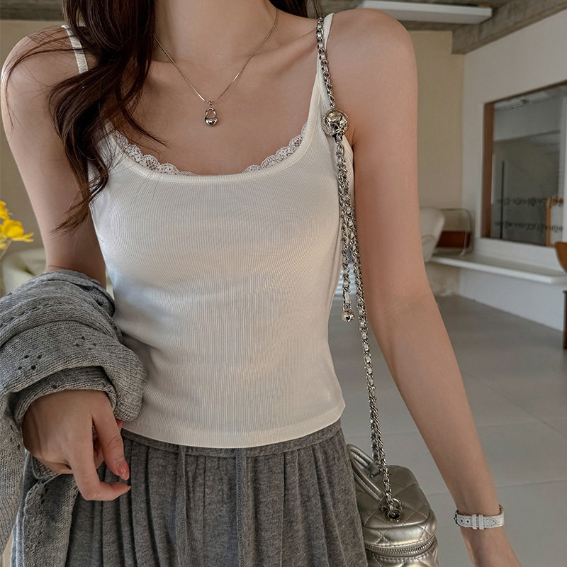 严选纯欲蕾丝蝴蝶结白色吊带背心女2026新款外穿内搭打底短款上衣