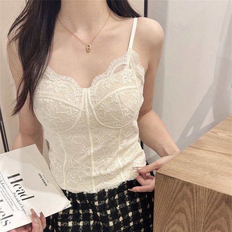 跨境爆款鱼骨蕾丝小吊带显瘦纯欲性感带胸垫外穿辣妹蕾丝背心黑色