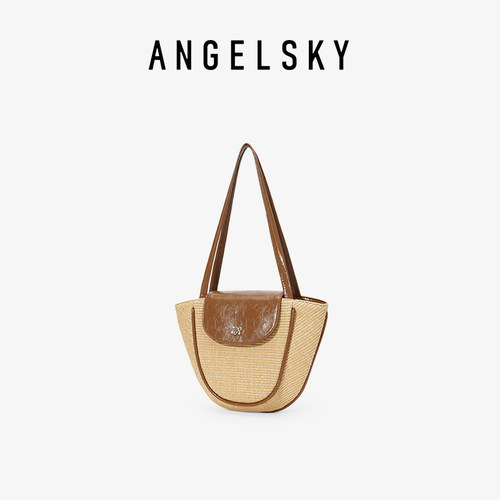 ANGELSKY棕色百搭草编托特包