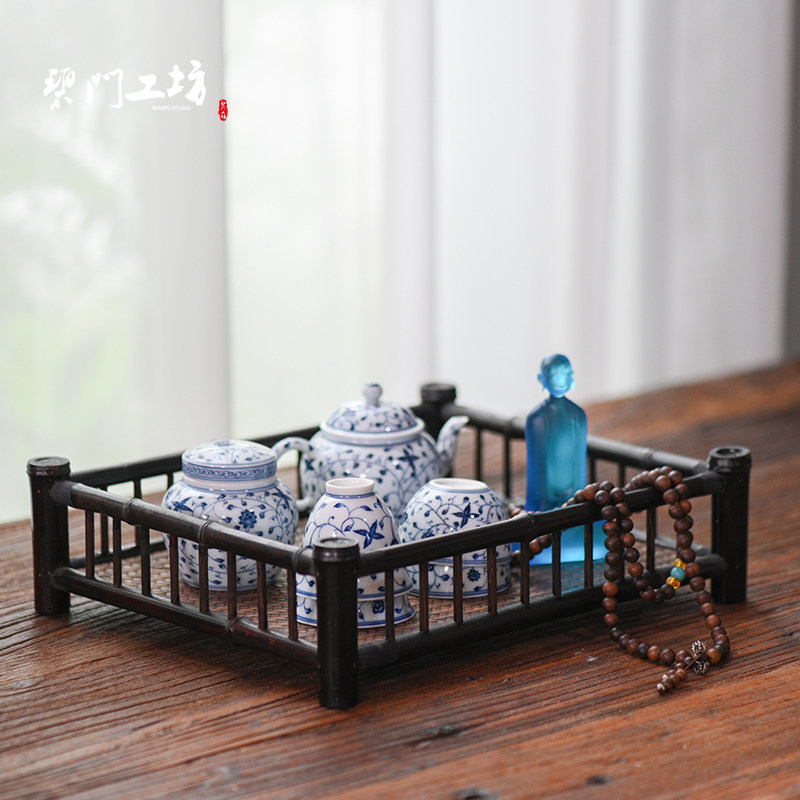 碧门工坊紫竹茶托盘竹制茶道茶具收纳盘梅鹿竹奉茶盘端茶盘茶杯架