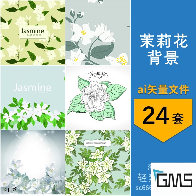 茉莉花白色小花线稿水彩边框装饰插画背景 AI矢量设计素材