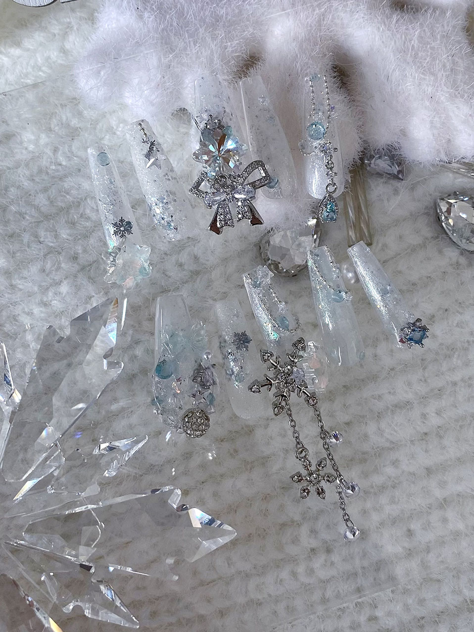 正品LZ高定美甲饰品圣诞之夜初雪冬季款蝴蝶结雪花流苏吊坠金属饰