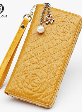 黄色钱包女真皮长款招财大容量拉链款手拿包女式钱夹新款牛皮手包