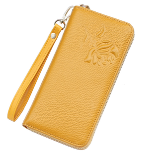 钱包女真皮长款黄色拉链款女式手抓包牛皮钱夹子大容量招财手拿包