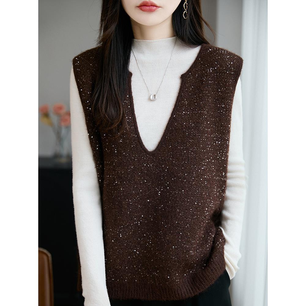 ROUMIKL时髦叠穿V领重工亮片针织衫背心马甲女坎肩外套宽松无袖毛