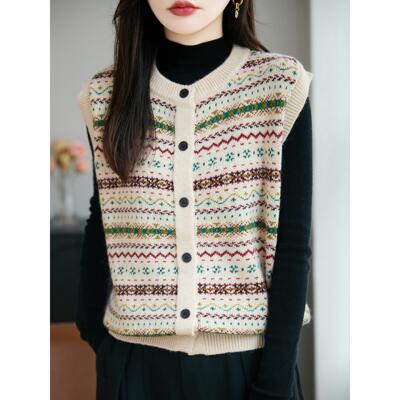 ROUMIKL费尔岛覆古提花针织马甲女秋冬无袖开衫百搭叠穿加厚保暖