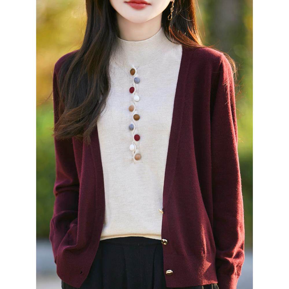 ROUMIKL法式高级感假两件圆领针织打底衫女秋冬彩扣设计假开衫毛