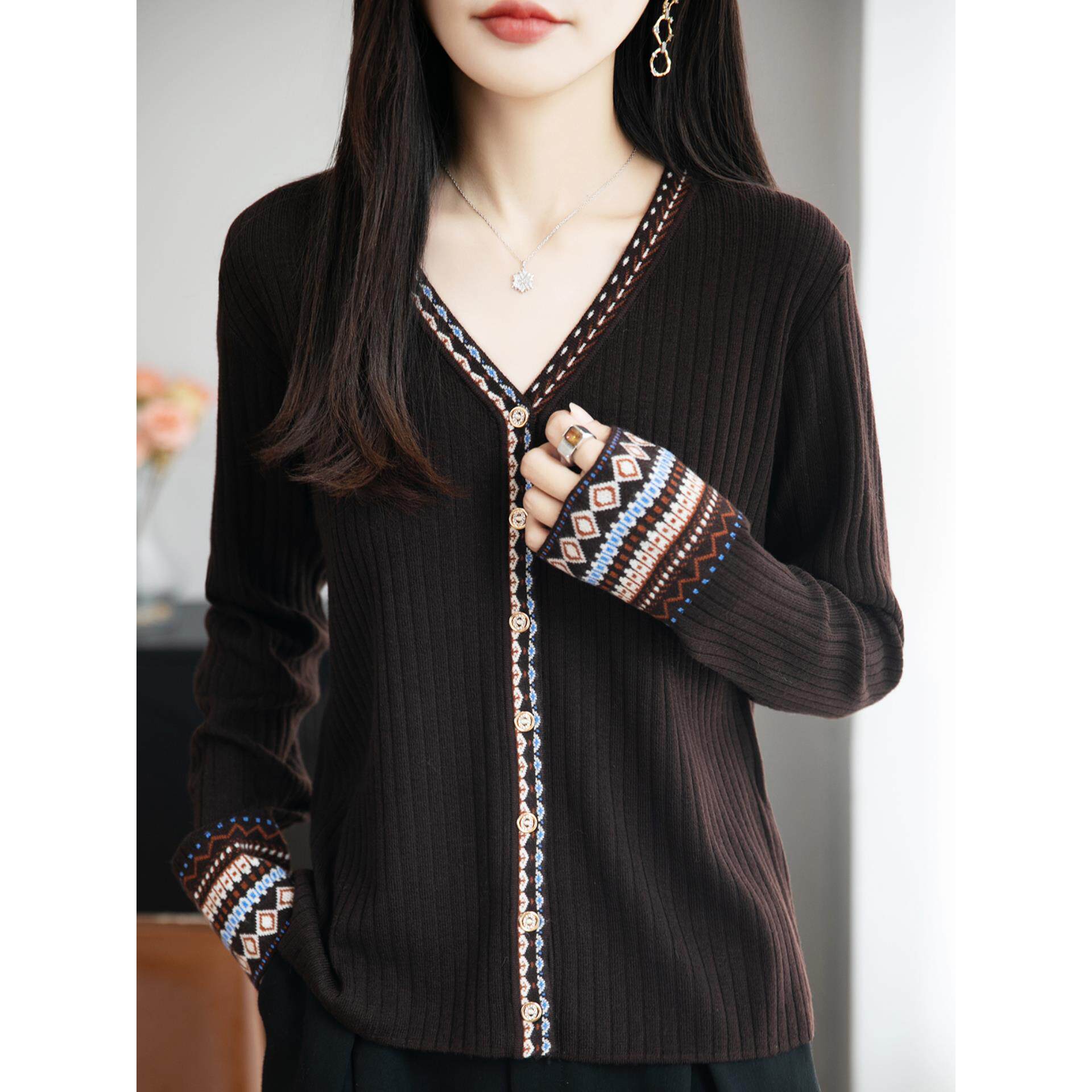 ROUMIKL覆古民族风提花针织开衫女短外套毛衣2025新款高级感外搭