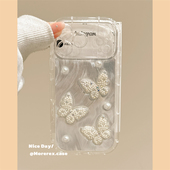 MoreRex轻奢羽纱纹立体珍珠蝴蝶适用苹果17手机壳iphone16promax新款 15pro小香风14防摔保护套13韩系17少女心