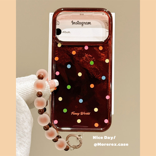 MoreRex酒红锡纸纹彩色波点带链条适用苹果18手机壳iphone17promax新款18pro个性15全包防摔保护套14不撞壳16