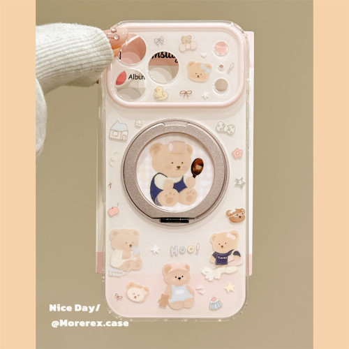 MoreRex ins少女心可爱卡通小熊旋转支架适用苹果18手机壳iphone17promax新款18pro全包15防摔保护套14女款16