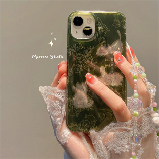 绿色花朵可爱卡通猫咪适用iphone15promax手机壳小清新苹果14新款 12防摔11全包保护套 13promax硅胶16pro女款