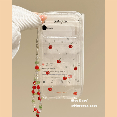 MoreRex 立体闪钻樱桃带链条适用苹果17手机壳iphone16promax新款15pro透明14防摔保护套13甜美17少女ins韩风