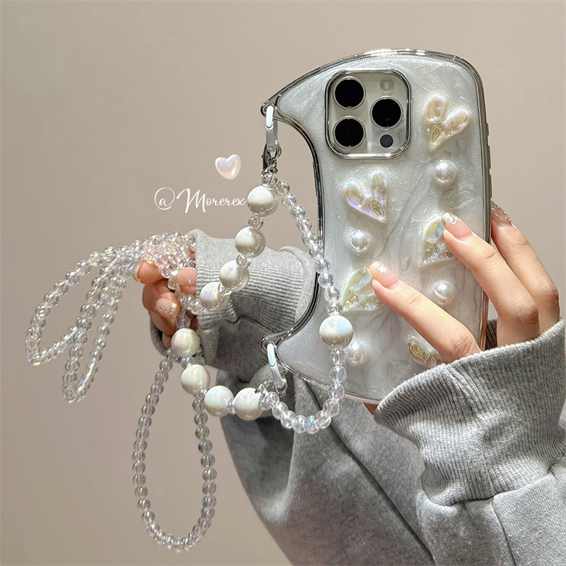 冷淡风立体爱心珍珠斜挎背带适用苹果15手机壳手提包包奢华iphone13promax高级新款12硅胶16壳14原创女保护套