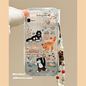 15pro14带链条防摔保护套13软壳17pro女款 MoreRex 可爱涂鸦猫咪透蓝油画适用苹果17手机壳iphone16promax新款