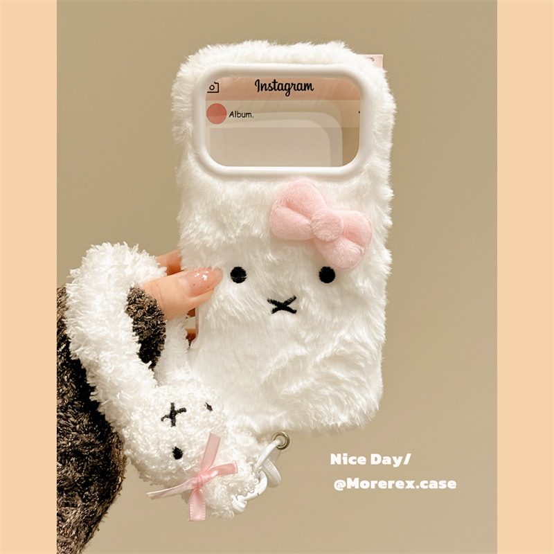 MoreRex秋冬可爱白色毛绒小兔蝴蝶结适用苹果17手机壳iphone16promax新款15pro带挂绳14防摔保护套13创意17女