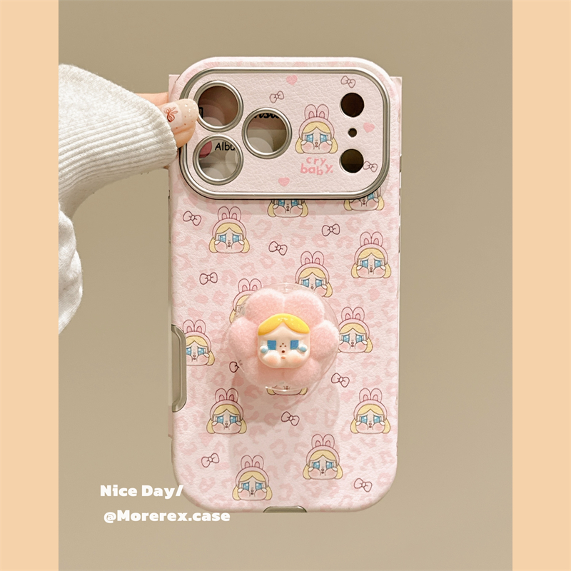 MoreRex 甜酷可爱粉豹纹哭娃带支架适用苹果17手机壳iphone16promax新款15pro仿皮14防摔保护套13大视窗17女