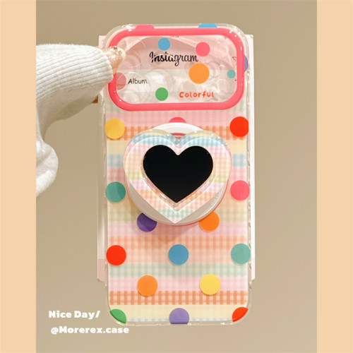 MoreRex ins彩色格纹波点爱心镜子支架适用苹果18手机壳iphone17promax新款18pro全包15防摔保护套14磁吸16女