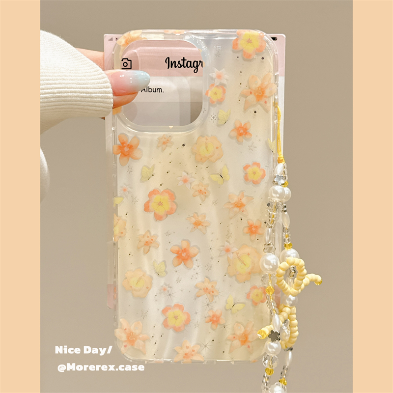 MoreRex 韩风ins早秋暖黄色花朵适用苹果15手机壳镭射iphone16promax新款14带链条13防摔保护套16pro双层女款