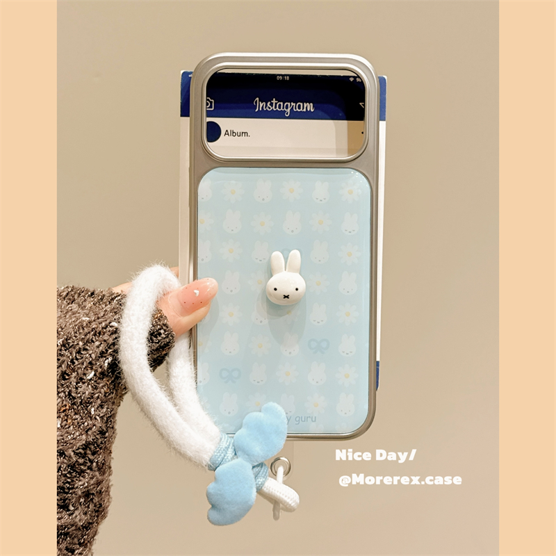 MoreRex可爱蓝色花朵兔子带毛绒挂绳适用苹果17手机壳iphone16promax新款15pro滴胶14防摔保护套13日韩17女款