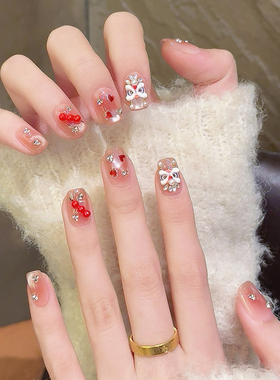 2026新年国风醒狮手工穿戴甲短款腮红猫眼美甲轻奢高级感指甲贴片