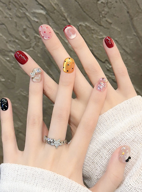 可爱KT猫撞色纯手工穿戴甲短款波点猫眼美甲成品指甲贴片2025新款