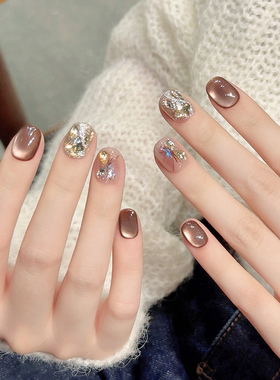 琥珀猫眼手工穿戴甲闪钻蝴蝶指甲贴片秋冬高级感豆豆美甲成品短款