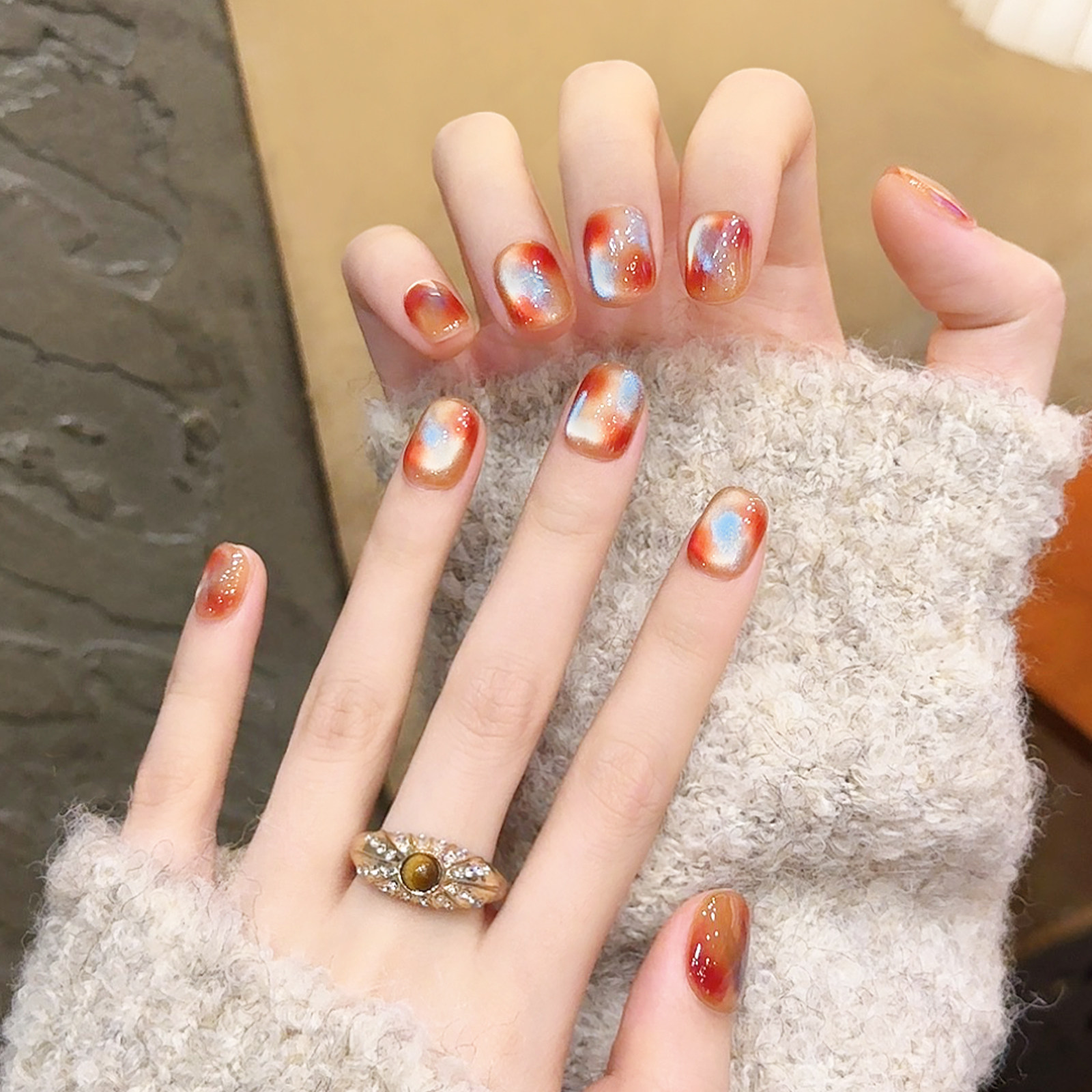 冰蓝琥珀猫眼手工穿戴甲秋冬短款豆豆美甲2026新年高级感指甲贴片,彩妆/香水/美妆工具,穿戴甲/甲片,淘宝优惠券,粉丝福利购,淘宝优惠卷