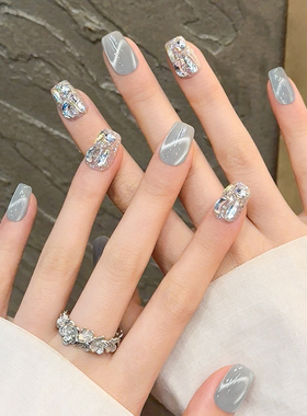 水波纹猫眼纯手工穿戴甲2025年新款极光闪钻美甲成品短款指甲贴片