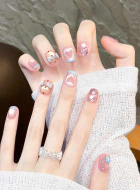 爆闪蝴蝶猫眼手工穿戴甲短款高级感法式豆豆美甲2026新款指甲贴片