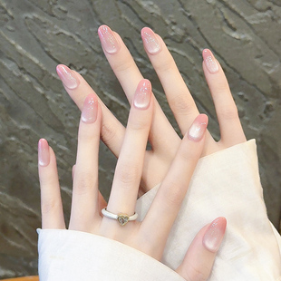 纯欲风渐变裸粉色手工穿戴甲中长款猫眼美甲贴片高级感显白假指甲