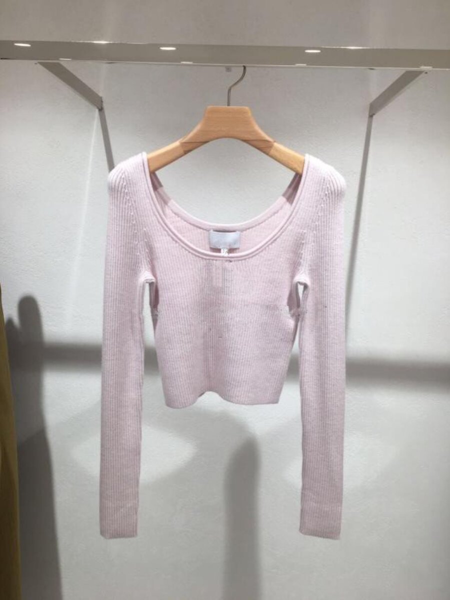 EUROPEAN STATION WOOL KNITWEAR WOMENS EARLY SPRING NEW STRAIGHT NECK OFF-THE-SHOULDER SLIM PULLOVER SHORT LONG-SLEEVED BASE TOP