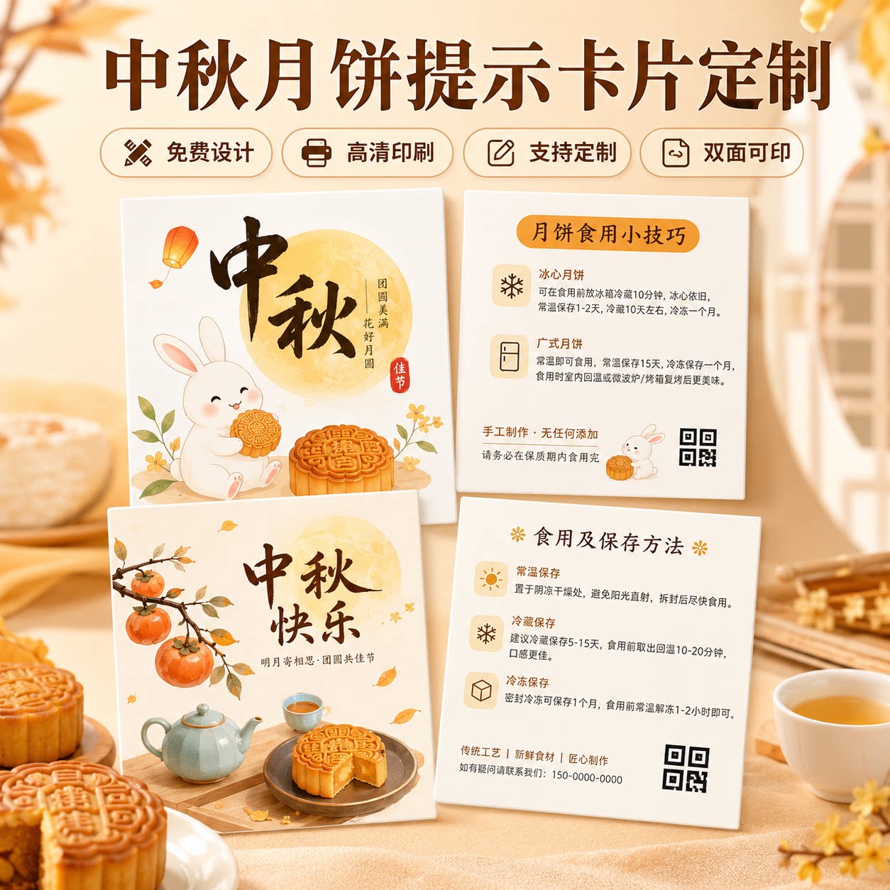 中秋月饼温馨提示卡定制流心蛋黄酥卡通食用说明保存方法保质期小贴士烘焙礼盒包装异形售后卡纸贺卡打印logo图片