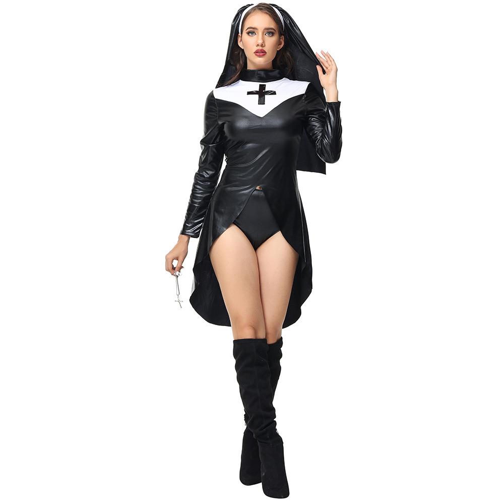 欧美 跨境性感连体衣PU皮漆皮制服诱惑 皮衣套装朋克修女cos服Nun