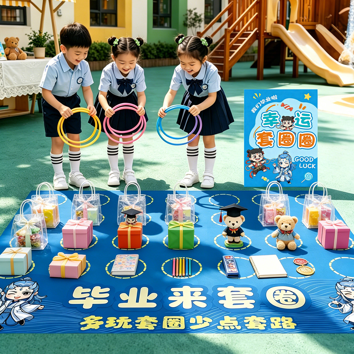 毕业季装饰布置义卖摆摊儿童跳蚤市场摊位套圈圈游戏地垫活动道具 - 实物图