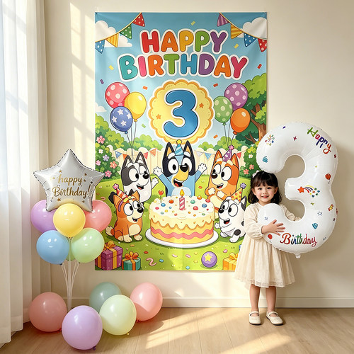 卡通布鲁伊主题生日气球背景布