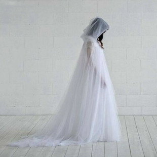 万圣节cos 连帽薄纱披风女士中世纪拍照长款拖尾网纱披肩斗篷纯色