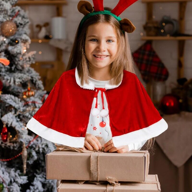 圣诞节披肩斗篷翻领短款披肩万圣节披风丝绒加毛边披肩儿童披肩