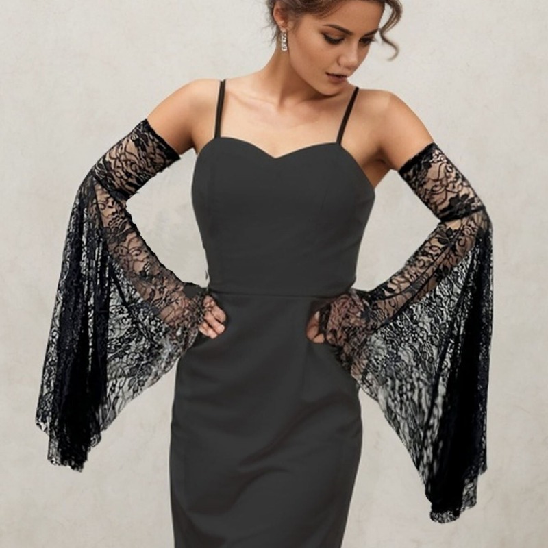 哥特式黑色透视性感蕾丝喇叭袖套