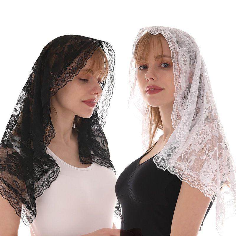 欧美新款蕾丝镂空玫瑰花头纱女士黑白色透气薄纱头饰穆斯林头巾饰