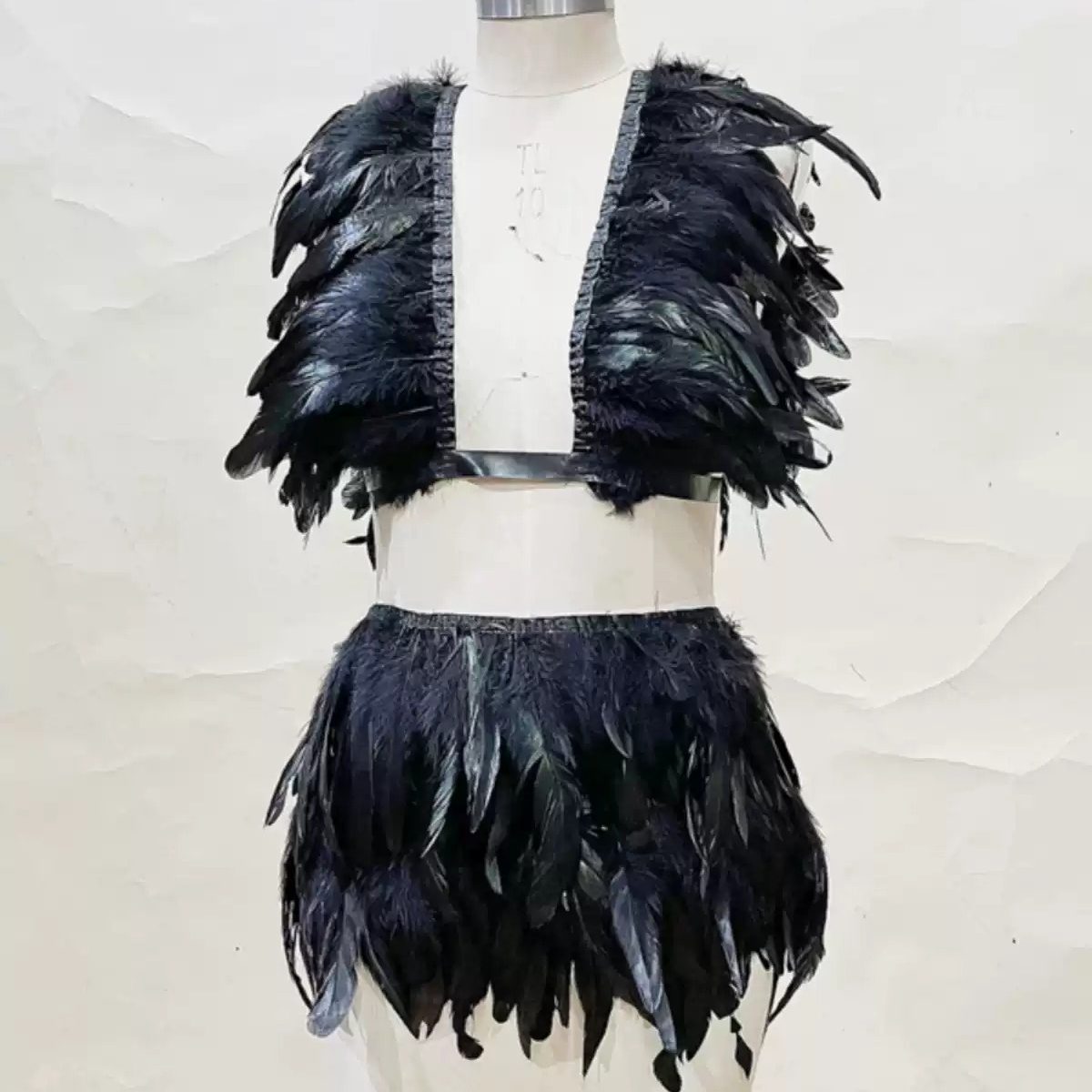 欧美新款黑色羽毛披肩裙子女士夜店女士ds演出服套装影楼主题服装