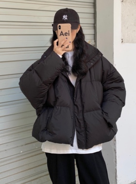 Tnv斗篷羽绒服2025秋冬新款宽松短款连帽A字黑色外套女90白鸭绒