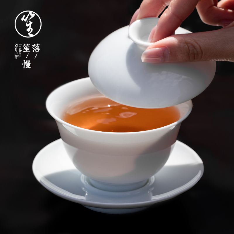 落笙景德镇三才盖碗茶杯单个陶瓷泡茶碗不烫手大号白瓷高档茶具