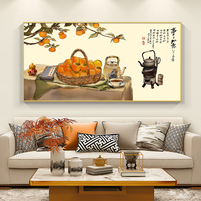 定做客柿柿意中式厅装饰画沙发背景墙挂横画代轻新奢幅沙如现发墙