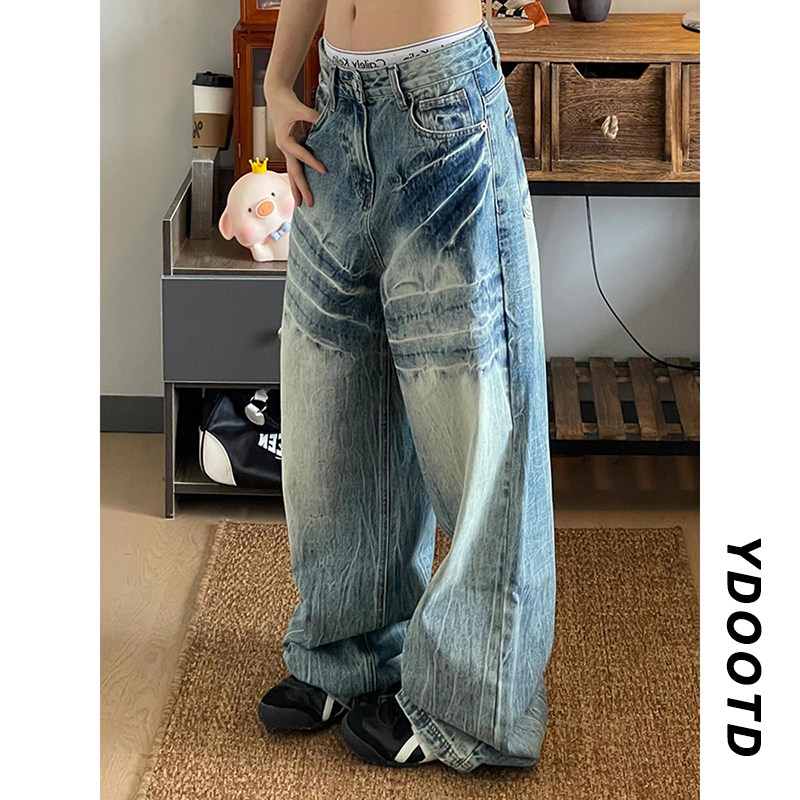 유럽과 미국의 힙합 스트리트 스타일 아메리칸 워싱 디스트레스드 청바지 틈새 디자인 루즈한 와이드 레그 팬츠 바닥 걸레 바지 트렌디