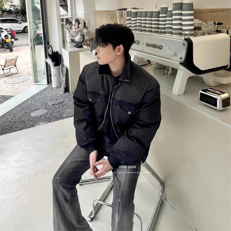 미국 복고풍 데님 접합 코튼 재킷 남성 겨울 재킷 유행 브랜드 유럽과 미국의 거리 힙합 커플 빵 정장