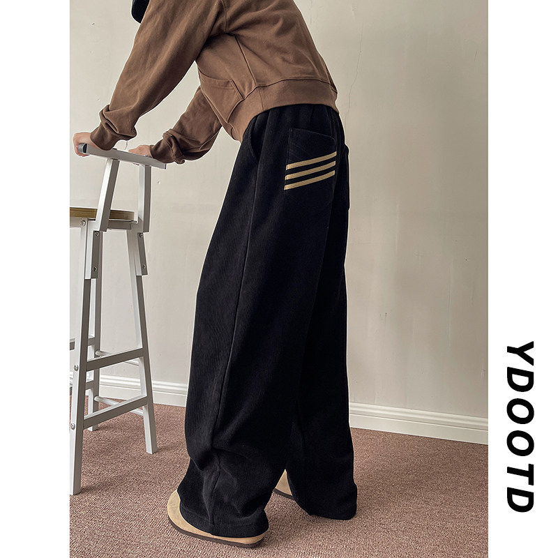 레이지 셔닐 와이드 팬츠 쓰리 스트라이프 스웨트팬츠 코듀로이 바닥 기장의 캐주얼 팬츠 드레이프한 느낌의 트렌디한 스트레이트 팬츠