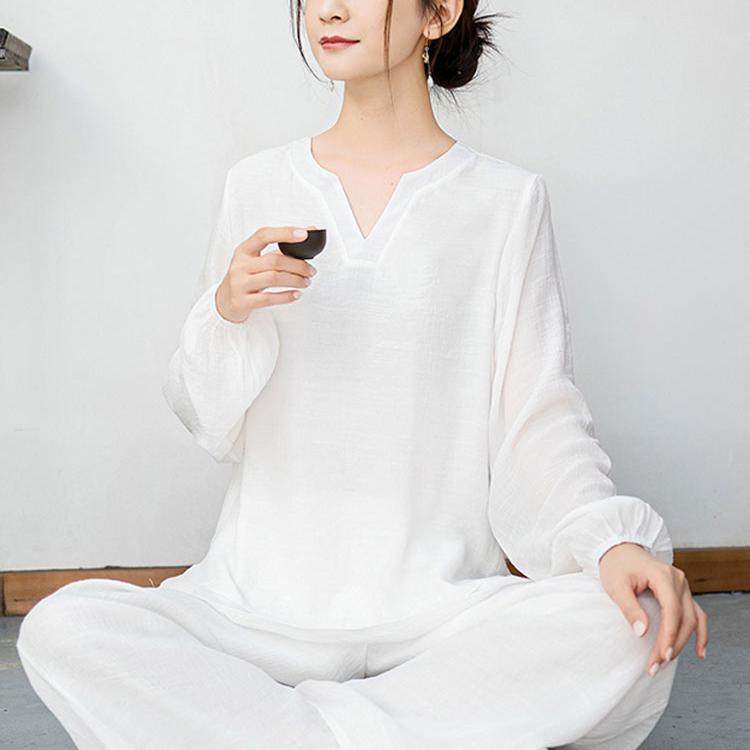 白色禅意茶服女佛系打坐练功服棉麻唐装套装仙气改良居士服禅修服