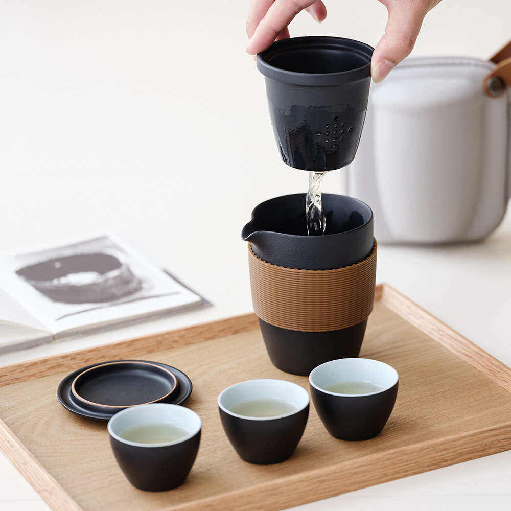 闻说|黑砂出尘快客杯户外陶瓷一壶三杯便携外出旅行功夫茶具套装