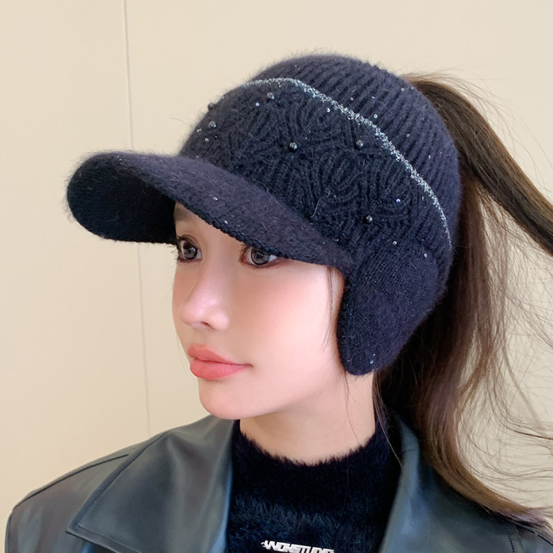 秋冬兔毛绒保暖包耳朵防寒鸭舌空顶帽女百搭时尚扎马尾针织毛线帽